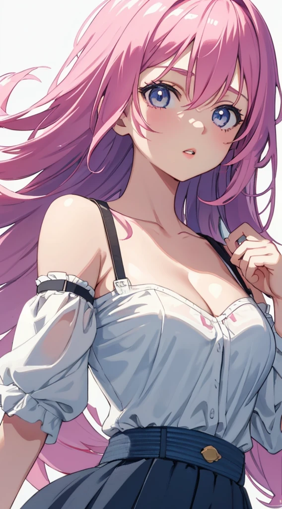 a little lovely kid girl,redish pink lips,Wearing a bright white shirt,Pastel palette aurora punk style,Anime illustration of her face,Animated GIFs,hand-drawn animation,Captivating sketch,Smooth and shiny,Hazy romanticism,Super Flat Style,White background -- ar 1:1--niji 5--style expressive--s 50,cleavage,(Large breasts,The shoulder straps slip off)