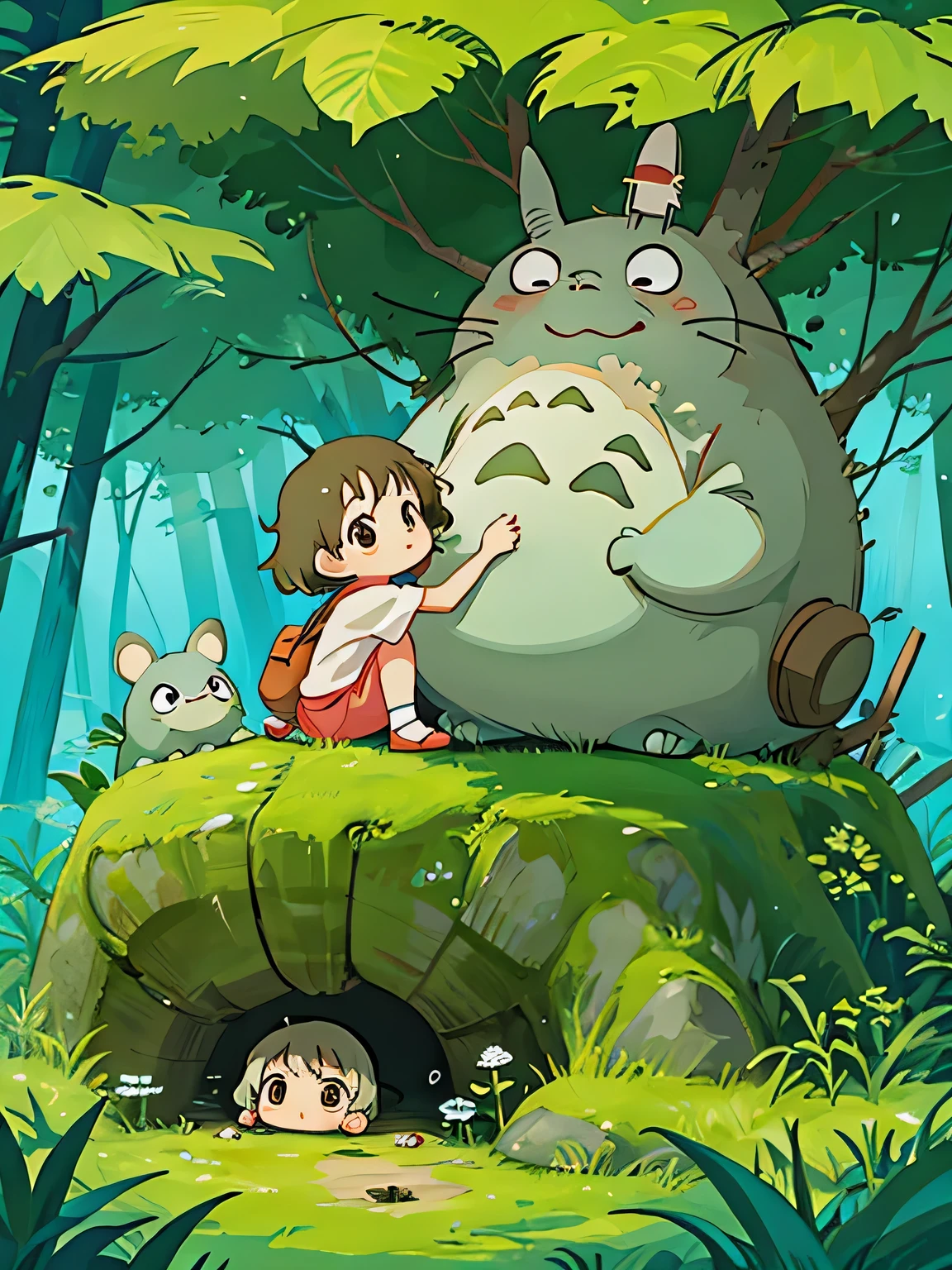 hayao miyazaki style, Kawaii Design, The most beautiful girl of all time、Chibi, play together、Totoro Forest