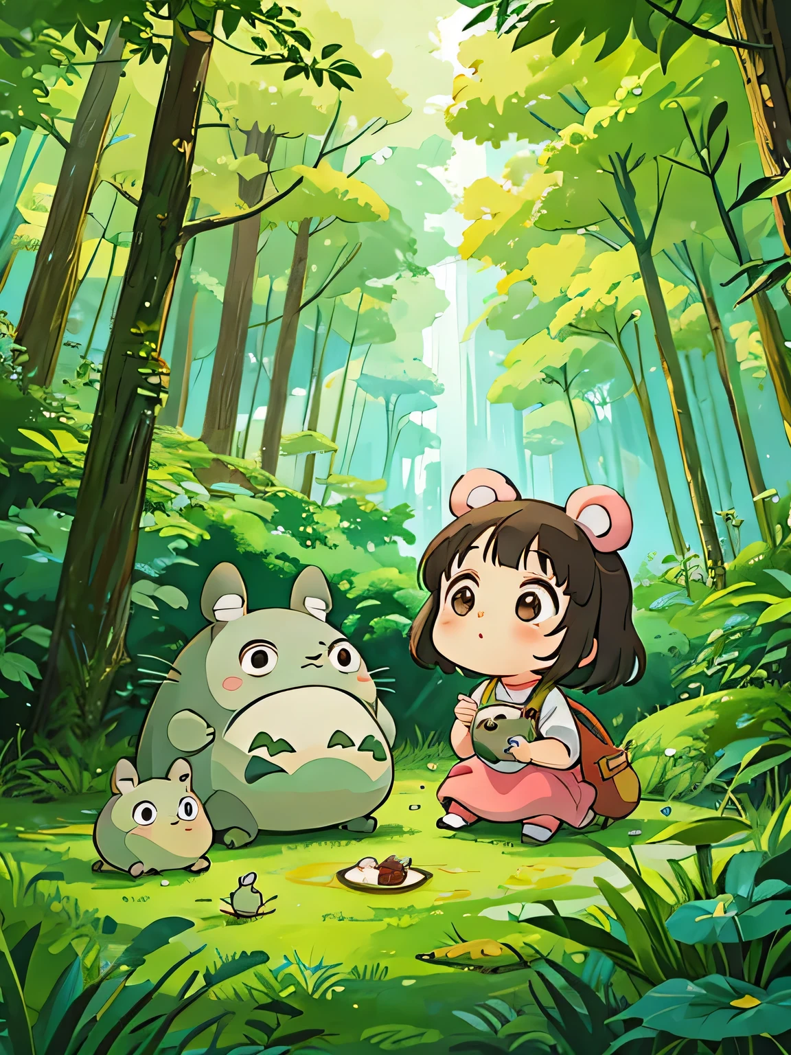hayao miyazaki style, Kawaii Design, The most beautiful girl of all time、Chibi, play together、Totoro Forest