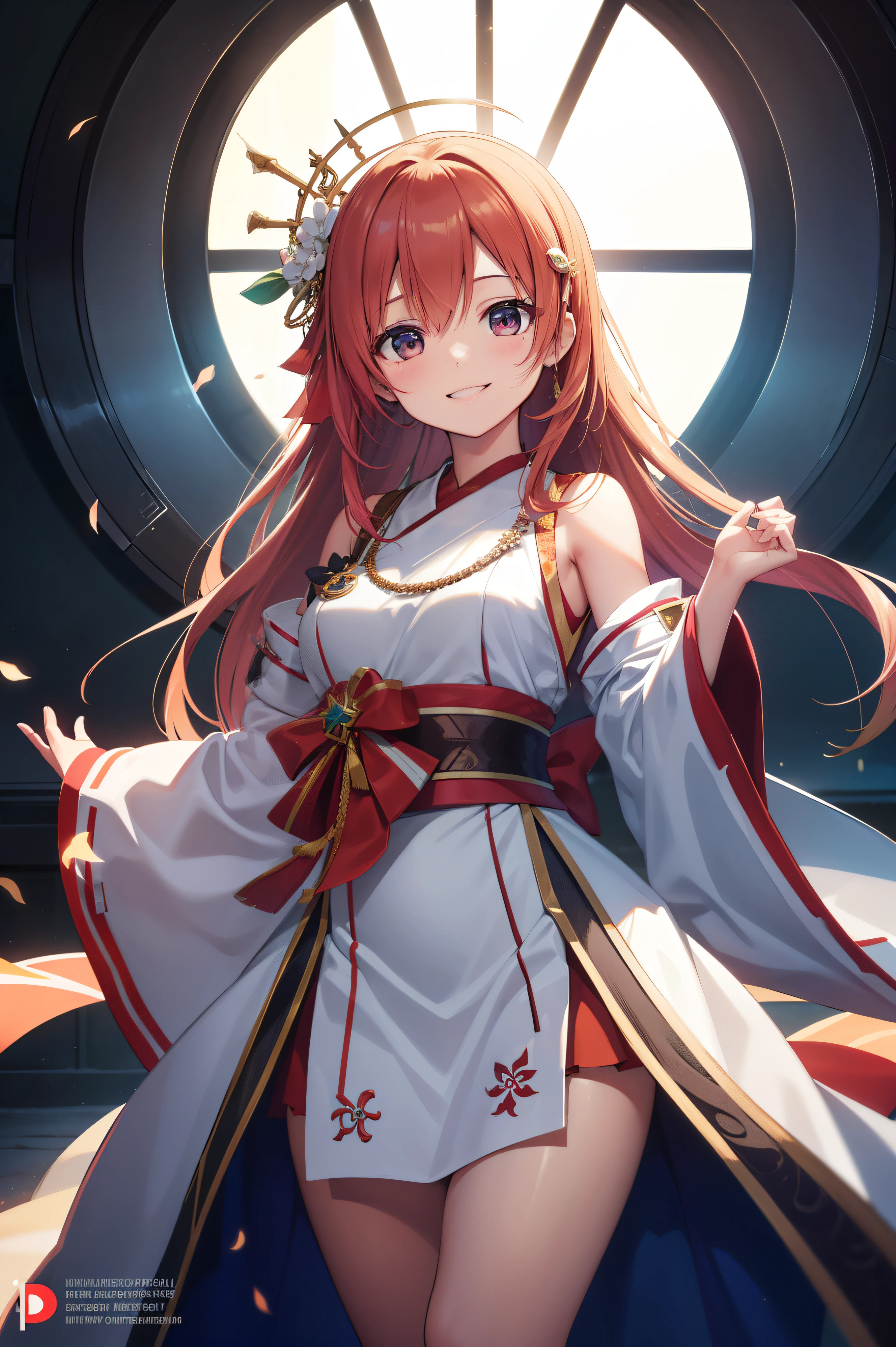 High-resolution artwork, fotografia RAW de melhor qualidade, professional photography session, cinematic lighting, uma garota, Honoka, miko, sentado com saia, sanctuary, nice smile, background detalhado, perfect lighting.
