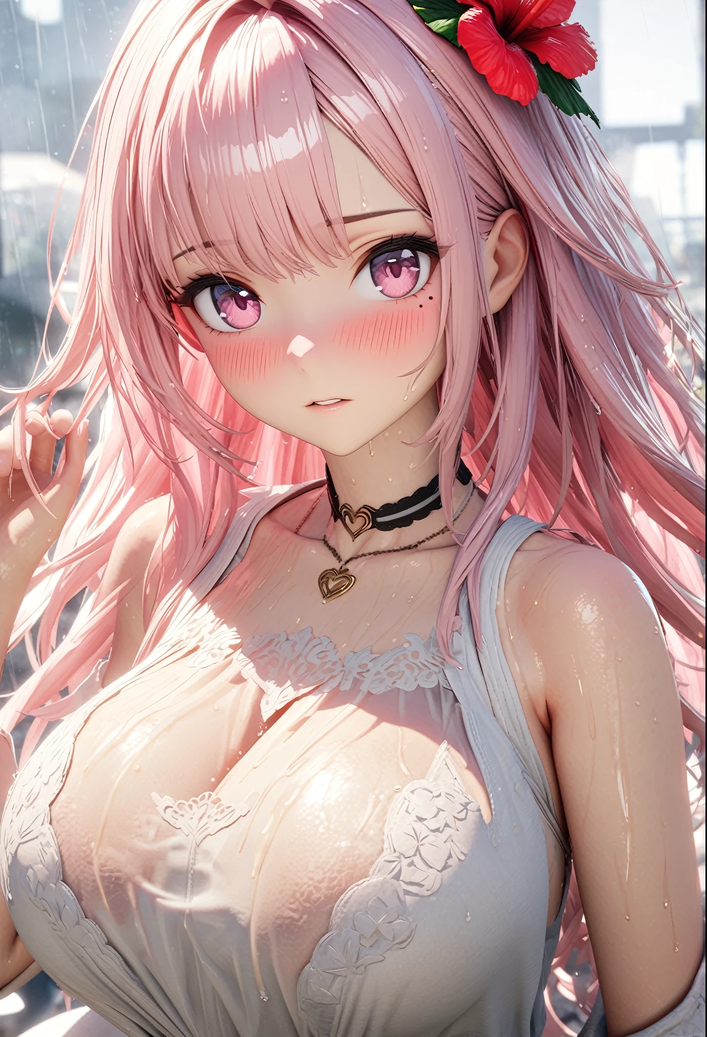 masterpiece, best quality, highly detailed, high resolution, expensive resolution, high resolution, 4K, 8k, Unity 8k wallpaper, highly detailed CG, masterpiece, 2D, 3D, beautiful details, depth, fine texture, best quality: 1.3, perfectly focused, crispy skin, he,
Very cute anime girl, white blouse, big breasts, expensive pink medium long hair, one girl, pouring rain, raindrops dripping from wet hair, rain-soaked sheer blouse, mole under eye, looking at viewer, expensive, blush, mole, parting lips, hibiscus hair accessory, heart, pink eyes, choker