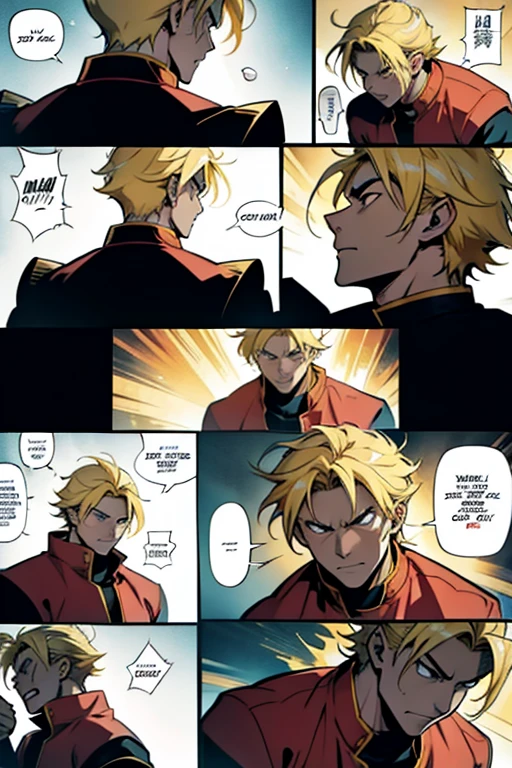 Anime guy with blonde hair punching a dragon in the face, manga page with panels and dialogue 