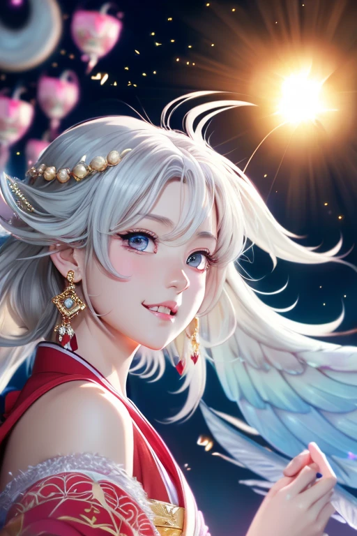Beauty　Hanfu　(((Coloring book))),(((Monochrome)))T pose.High quality CG illustration,((highest quality)), CG Animation((masterpiece)), (detailed), Perfect Face,日本の女god,Doll-like girl with angel wings, Archangel, , Look forward , Look up at the camera, Bright as morning,(Abysmal),(Are you okay, round, Symmetrical eyes),Delicate facial features, very slim and 細い体, (She has a mischievous smile),(Her face is kind and beautiful),Large glass earrings,,(Blonde Hair),(Silvery white hair),(Dramatic Pose),(Flashy photos), Upturned eyes, Upward glance, Cluttered picture，(Hair flying in the air:2.0),(Background vortices and currents),(Dramatic Light),(Nice views),(Surrounded by beautiful feathers),Spectacular realism,,(Soft colors:1.2),超detailed,Dramatic Light,(複雑なdetailed:1.1), Complex background, Sparkling背景, Fractal Background,(Powerful Fangs:1.5) ,Big eyes,cute,Portrait photos,両手の中に光るheart,,god秘的,Shrine maiden,女god,Beauty,cute,Beauty,The goddess,Anime Style,Anime CG,gem,shine,luxury,god々Aura,crystal,dragon,Gal,Heavy makeup,Eyelashes,Feather coat,Decoration,Facing forward,Anime Style,kimono,Sparkling,gem,heart,Benefits,Fortune telling,luxury,gold,luxuryなDecoration,luxuryな背景,noble,おRich man,Love luck,和風の女god,altar,dragongod,Aurora,Rainbow-colored,真Facing forward,luxury絢爛,shine,dazzling,Rich man,wealthy class,Fairy,Gray Hair,Light blue hair,earrings,gemが沢山付いた服,Hanfu ,god社,prayer,Rainbow-coloredの髪と花の冠を持つ女性の接写, Anime Style 4k, detailedなDigital anime art, 8Kの高品質でdetailedなアート, Beautiful anime portraits, Anime fantasy artwork, Anime fantasy illustration, anime art wallpaper 4k, anime art wallpaper 4k, Digital anime art, Highly detailed digital art in 4K, Anime Style. 8k,目線はFacing forward,