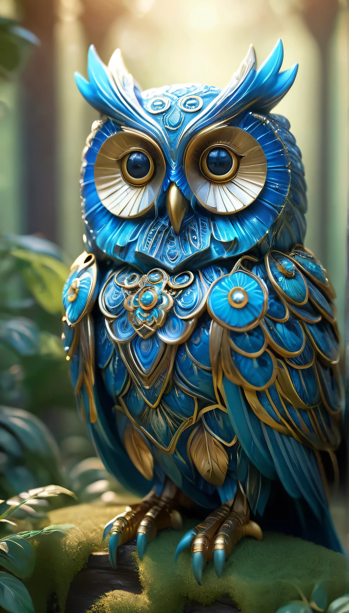 (Figure of an owl with blue eyes, Unreal Engine rendering:1.1), (Very detailed:1.1), (Unrealistic yet charming eyes:1.1), (Exquisite and gorgeous jewelry:1.1), (Top trends on cgisociety:1.1), (Motion Graphics:1.1), (Bee Global Illumination:1.1), (rossdraws Global Illumination:1.1), (goddess), (Beautiful and delicate eyes), (Complex patterns and textures), (Realistic feathers), (Ethereal Lights), (majestic gesture), (Bright colors), (Striking composition), (Luminous elements), (Mysterious atmosphere), (Impressive level of detail), (Photo-realistic:1.37), (HDR), (Ultra HD), (Studio Lighting), (Extremely detailed description), (professional), (Bokeh), (Fascinating concept art), (magical atmosphere), (Amazing craftsmanship), (Stunning visuals), (Surrealism), (dreamlike), (Awesome), (A balanced color palette), (masterpiece:1.2), (High resolution), (Clear focus), (Physically Based Rendering), (striking), (interesting), (Fascinating), (Beautifully), (The Wow Factor), (memorable)
