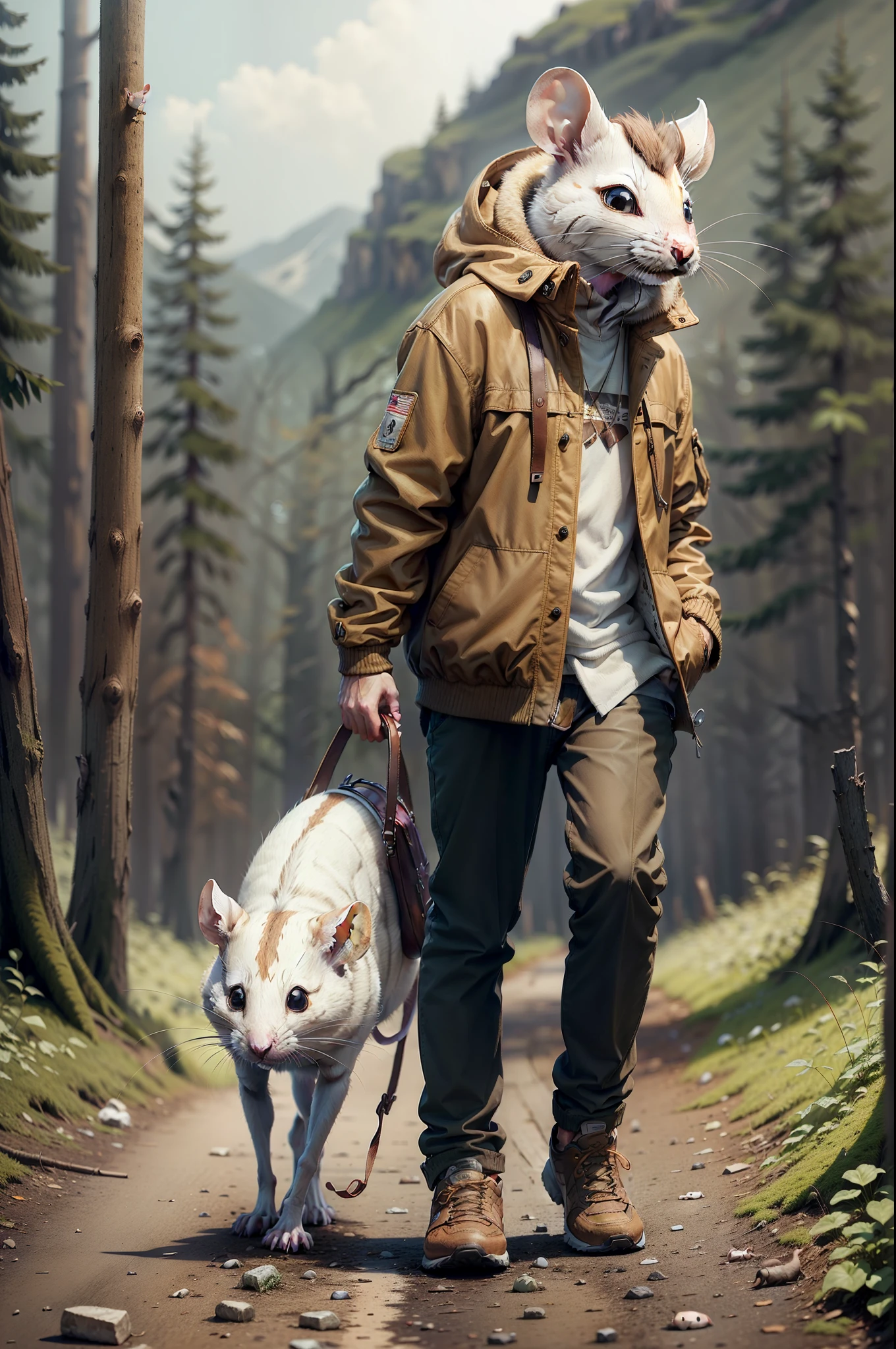 A small white mouse in a brown jacket walking through the wilderness