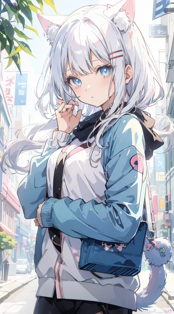 anime girl with white hair and blue eyes wearing a cat ears, anime catgirl, anime girl with cat ears, beautiful anime catgirl, cute anime catgirl, catgirl, girl with cat ears, nyaruko-san, white cat girl, anime cat, anime style artwork, anime style portrait, anime moe artstyle, anime art style