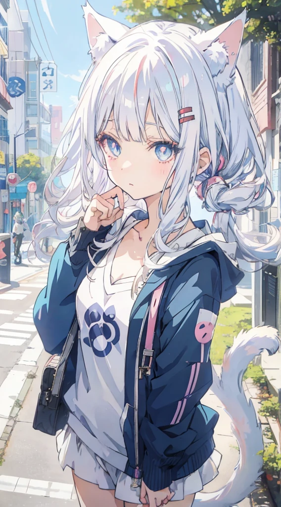 anime girl with white hair and blue eyes wearing a cat ears, anime catgirl, anime girl with cat ears, beautiful anime catgirl, cute anime catgirl, catgirl, girl with cat ears, nyaruko-san, white cat girl, anime cat, anime style artwork, anime style portrait, anime moe artstyle, anime art style