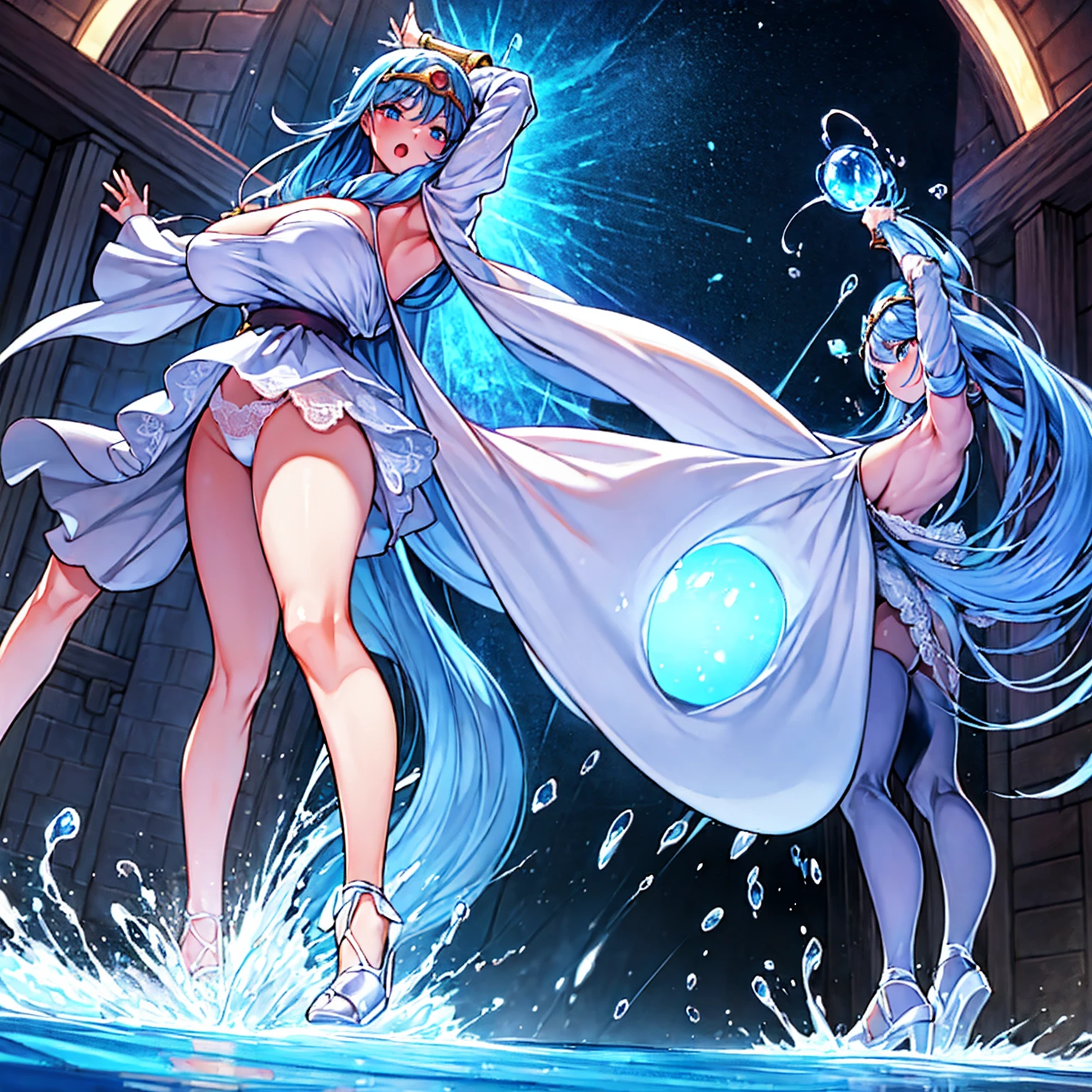 (masterpiece, Best Quality, ultra-detailed, high resolution, extremely detailed CG, official art, Professional Lighting, Perfect Anatomy, anime colors), (from below:1.2), (from front:1.5), fisheye lens, full body, perfect body, 18yo beautiful 1girl, large breasts, open mouth, blue hair, middle hair, blue eyes, gleaming skin, pale skin, curvy, white dress, circlet, (detailed lace panties:1.2), (glaring:1.5),
break chanting magic, stand, (Stretch your arms up:1.3), (large magical wand), (looking at viewer), (open stance:1.5), (looking at viewer),
break sage,
break dark blue simple background, (water Wall on both sides:1.5), (magical water effect:1.5), wind, stormy atmosphere, water transmutation, (blue sky), outdoor, (depth of field:1.3)