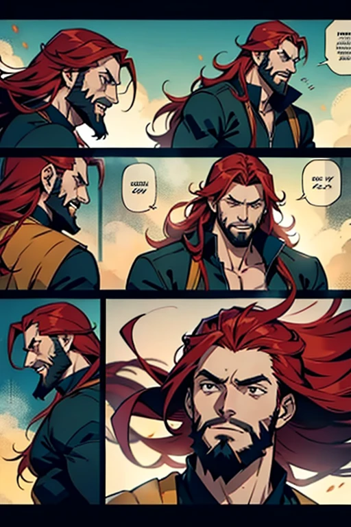 Anime guy with long red hair and beard running, manga page with panels and dialogue 