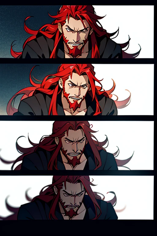 Anime guy with long red hair and beard running, manga page with panels and dialogue