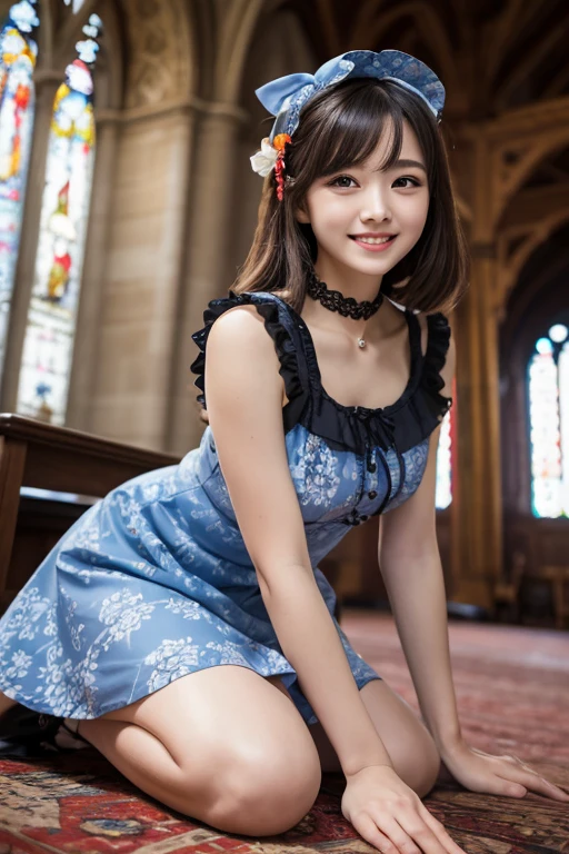 very cute and beautiful girl,(highly detailed beautiful face),(smile:1.28),happy,blush,embarrassed,black hair,looking at viewer, (floral pattern blue lolita dress with detailed frills),detailed lace, kneeling,arms behind back,altar,church,indoors, (best quality,masterpiece),absurdres,highres,ultra-detailed,extremely detailed,32k,8k resolution, intricate details,cinematic scene,detailed background,solo,dynamic angle,