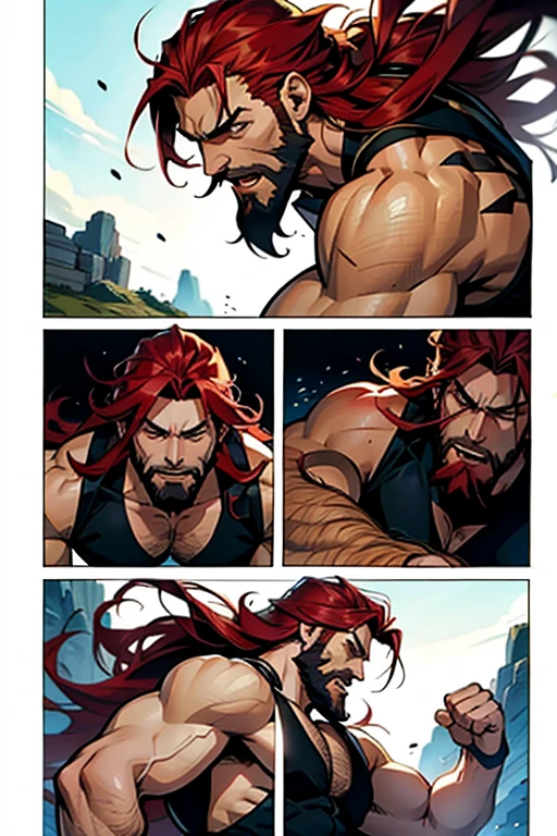 Anime guy with long red hair and beard fighting a bear, manga page with panels and dialogue