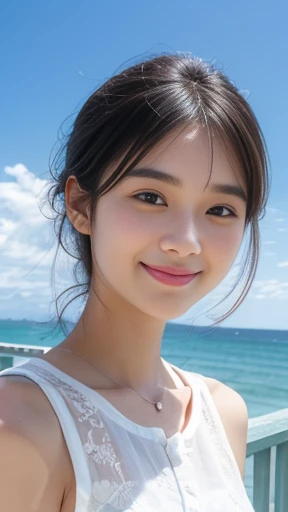 (8k、highest quality、masterpiece:1.2)、(Genuine、Genuine、photoGenuineistic:1.37)、girl、Hyper Detail、Beautiful eyes in every detail、Beautiful nose down to the last detail、(White Dress)、(Summer Clouds)、Upper body close-up、charm,((stand up))、roof、handrail、Small Town、Summer Sea、blue sky、Sandy Beach、Front Lens、smile、