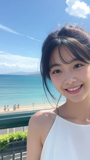 (8k、highest quality、masterpiece:1.2)、(Genuine、Genuine、photoGenuineistic:1.37)、girl、Hyper Detail、Beautiful eyes in every detail、Beautiful nose down to the last detail、(White Dress)、(Summer Clouds)、Upper body close-up、charm,((stand up))、roof、handrail、Small Town、Summer Sea、blue sky、Sandy Beach、Front Lens、smile、