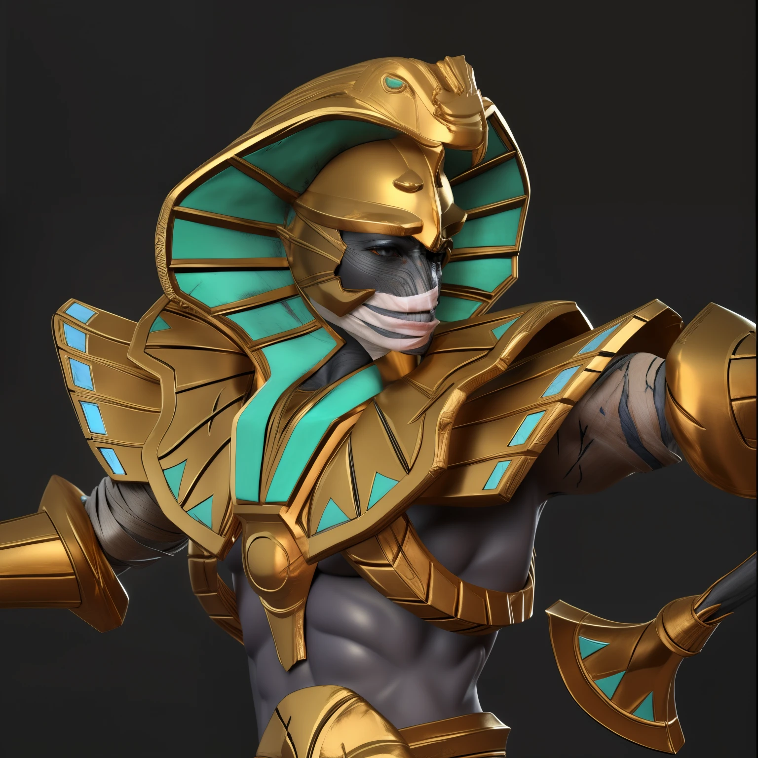 a detailed portrait of an ancient egyptian pharaoh mummy,detailed texture, highly detailed facial features,intricate bandage wrappings,dramatic lighting,strong contrasts between light and shadow,enhanced sense of volume and depth,metallic luster,reflective surfaces,rich in fine details,concept art style,3D render,4K resolution,high definition