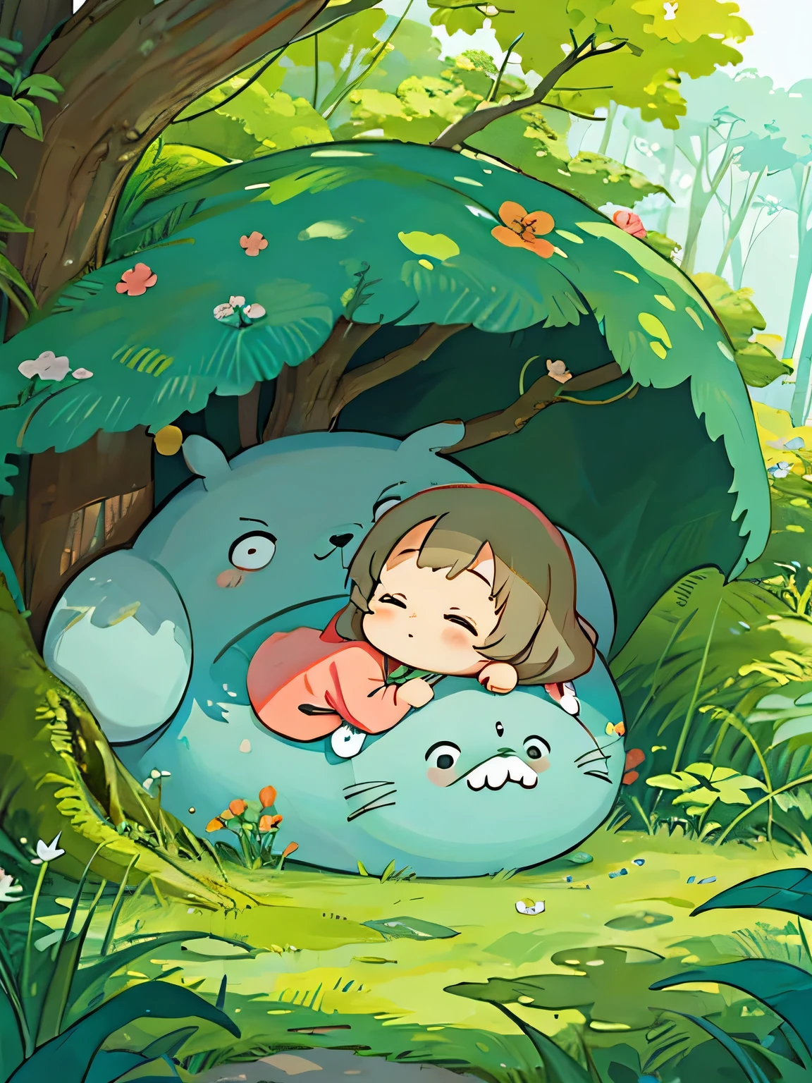 hayao miyazaki style, Kawaii Design, The most beautiful girl of all time、Chibi, Taking a nap、Totoro Forest