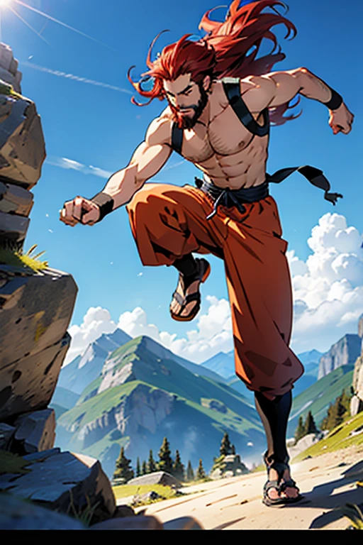 Anime guy with long red hair and beard running up a mountain, manga page with panels and dialogue 