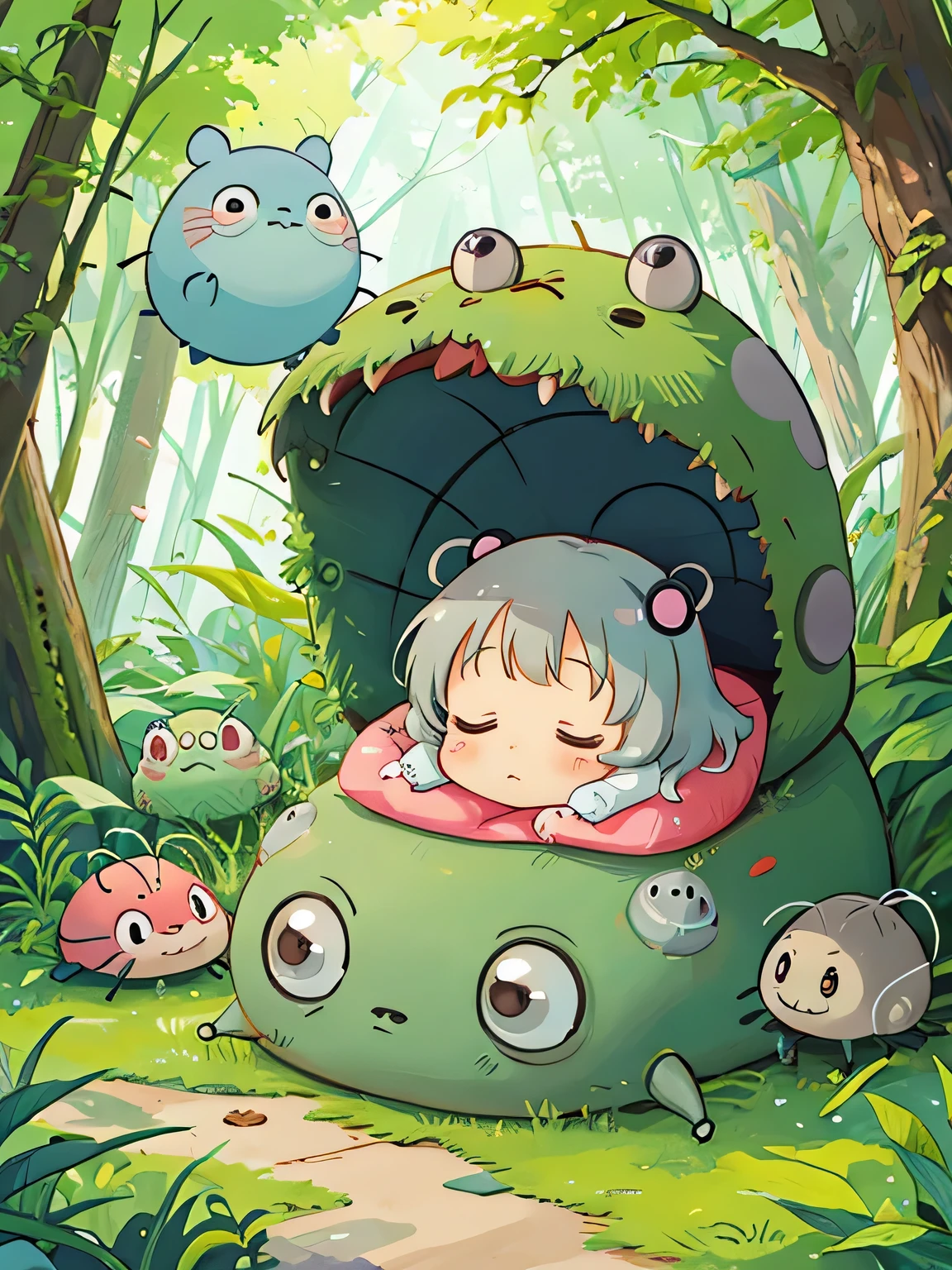 hayao miyazaki style, Kawaii Design, The most beautiful girl of all time、Chibi, Cute and colorful pillbugs、Taking a nap、Lots of pillbugs、Totoro Forest