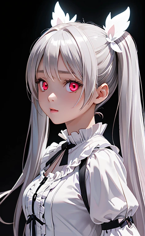 (Photorealistic:1.4)、asuna,(masterpiece、lens flare:1.5、spot light:1.2、Exquisite beautiful eyeonochrome:1.5,portlate、)(),()
、Cute Face、 3D Face、(pearl white hair:1.5、Straight Hair)、(twintails),(1 Girl)、(Red eyes:1.2)、(upper body)、(determined:1.6),()、 (Cute face:1.2),(small breasts),(),kind face,(white　lace frilled gothic lolita),(black background:1.5)、(glowing eyes:1.3)、()、 Neat and clean、Adorable、Slim Body(Tareme:1.5),Shiny Hair、(Glowing pink Skin)、Nijisketch,Manga,zydG