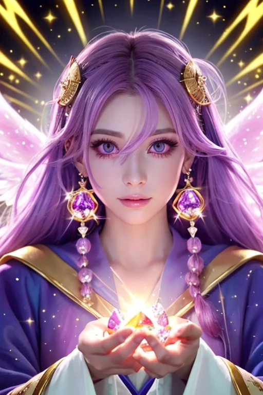 ((highest quality)), ((masterpiece)), (detailed), Perfect Face,kind,Healing,Alluring,fortune teller,Fantastic,vivid,Long Hair,front,Gal,Flashy hair,Wizard,Anime style robe,Purple Eyes,Eyelashes,crystal,(pink),Angel Wings,Large earrings,crystal,