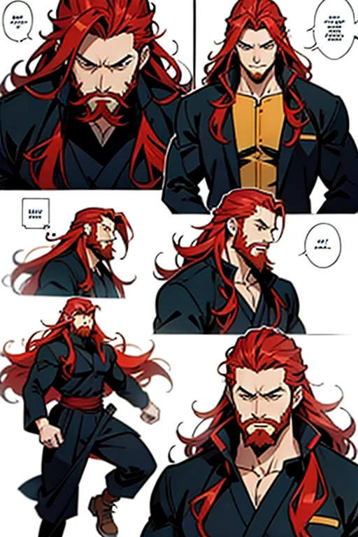 Anime guy with long red hair and beard running, manga page with panels and dialogue 