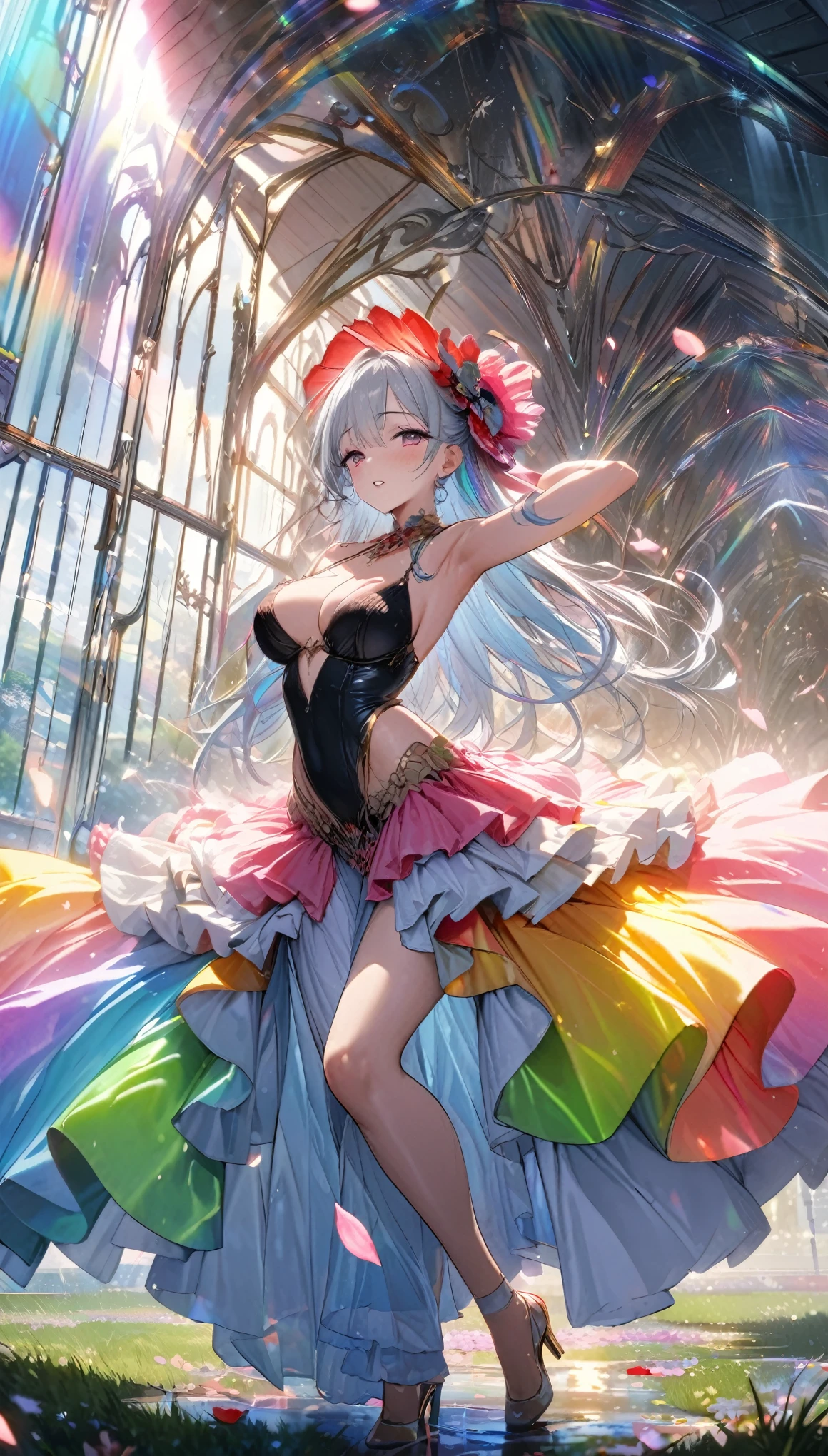best quality, super fine, 16k, incredibly absurdres, extremely detailed, delicate and dynamic, a mysterious gigantic artistic structure made of chrome-plated framework and glass, after the rain, sunlight shines through the gaps in the clouds, the glass reflects the rainbow colors and the analyzer is displayed, dancing beauty, sensual expressions, wearing flamenco costume, a lot of iridescent petals fluttering down, the grass is covered with mist, creating a fantastic image effect