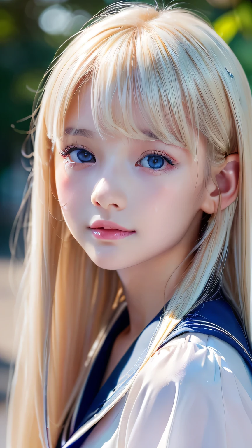 RAW Photos、((((Extremely beautiful portrait)))、(((Bright and fair skin))、1 girl、、Sailor suit、A -yeld pry, bright, natural platinum blonde beauty.、((Gorgeous, natural, bright white platinum blonde))、Super long straight hair、Beautiful Bangs、[Attractive large bright blue eyes]、Smooth, thin and super long hair、Eyeliner、Hair between the eyes、smile、((masterpiece、最high quality、Ultra Detail、Film Light、Intricate details、High resolution、8k、Very detailed))、Detailed Background、8k UHD、Digital SLR、Soft Light、high quality、Film Grain、Fujifilm XT3、Shallow depth of field、Natural light、(Perfect hands)、Perfect beautiful face、Small Face Beauty、round face、Cheek gloss highlighter