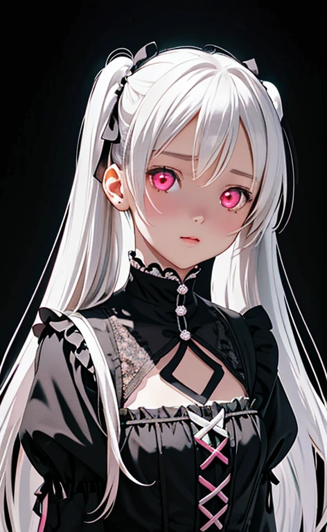 (Photorealistic:1.4)、asuna,(masterpiece、lens flare:1.5、spot light:1.2、Exquisite beautiful eyeonochrome:1.5,portlate、)(),()
、Cute Face、 3D Face、(pearl white hair:1.5、Straight Hair)、(twintails),(1 Girl)、(Red eyes:1.2)、(upper body)、(determined:1.6),()、 (Cute face:1.2),(flat chest),(),kind face,(white　lace frilled gothic lolita),(black background:1.5)、(glowing eyes:1.3)、()、 Neat and clean、Adorable、Slim Body(Tareme:1.5),Shiny Hair、(Glowing pink Skin)、Nijisketch,Manga,zydG