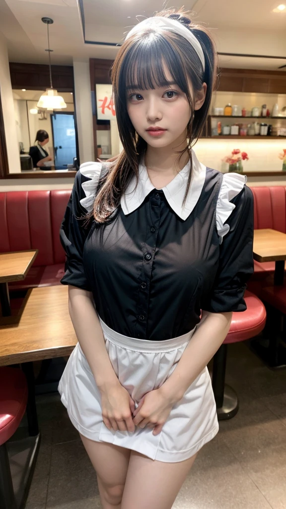 masterpiece, best quality, illustration, Super detailed, fine details, High resolution, 8K,wall paper, perfect dynamic composition,(Details High quality, realistic depiction of eyes:1.3), standing,waitress uniform, restaurant, large breasts, (very heavy chest), short bob hair、black hair color, Big Natural Color Lip, (perfect body shape), crying a little、cold gaze, Harajuku style、20 year old girl、cute type、ta、beautiful legs, focus on crotch, full body photo, gravure idol