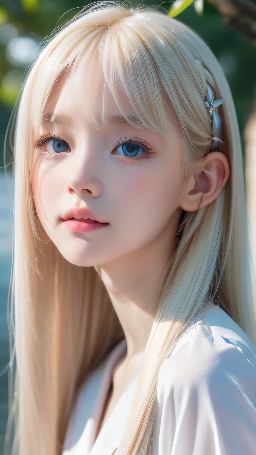 RAW Photos、((((Extremely beautiful portrait)))、(((Bright and fair skin))、1 girl、、Sailor suit、A 15-year-old pretty, bright, natural platinum blonde beauty.、((Gorgeous, natural, bright white platinum blonde))、Super long straight hair、Beautiful Bangs、[Attractive large bright blue eyes]、Smooth, thin and super long hair、Eyeliner、Hair between the eyes、smile、((masterpiece、最high quality、Ultra Detail、Film Light、Intricate details、High resolution、8k、Very detailed))、Detailed Background、8k UHD、Digital SLR、Soft Light、high quality、Film Grain、Fujifilm XT3、Shallow depth of field、Natural light、(Perfect hands)、Perfect beautiful face、Small Face Beauty、round face、Cheek gloss highlighter