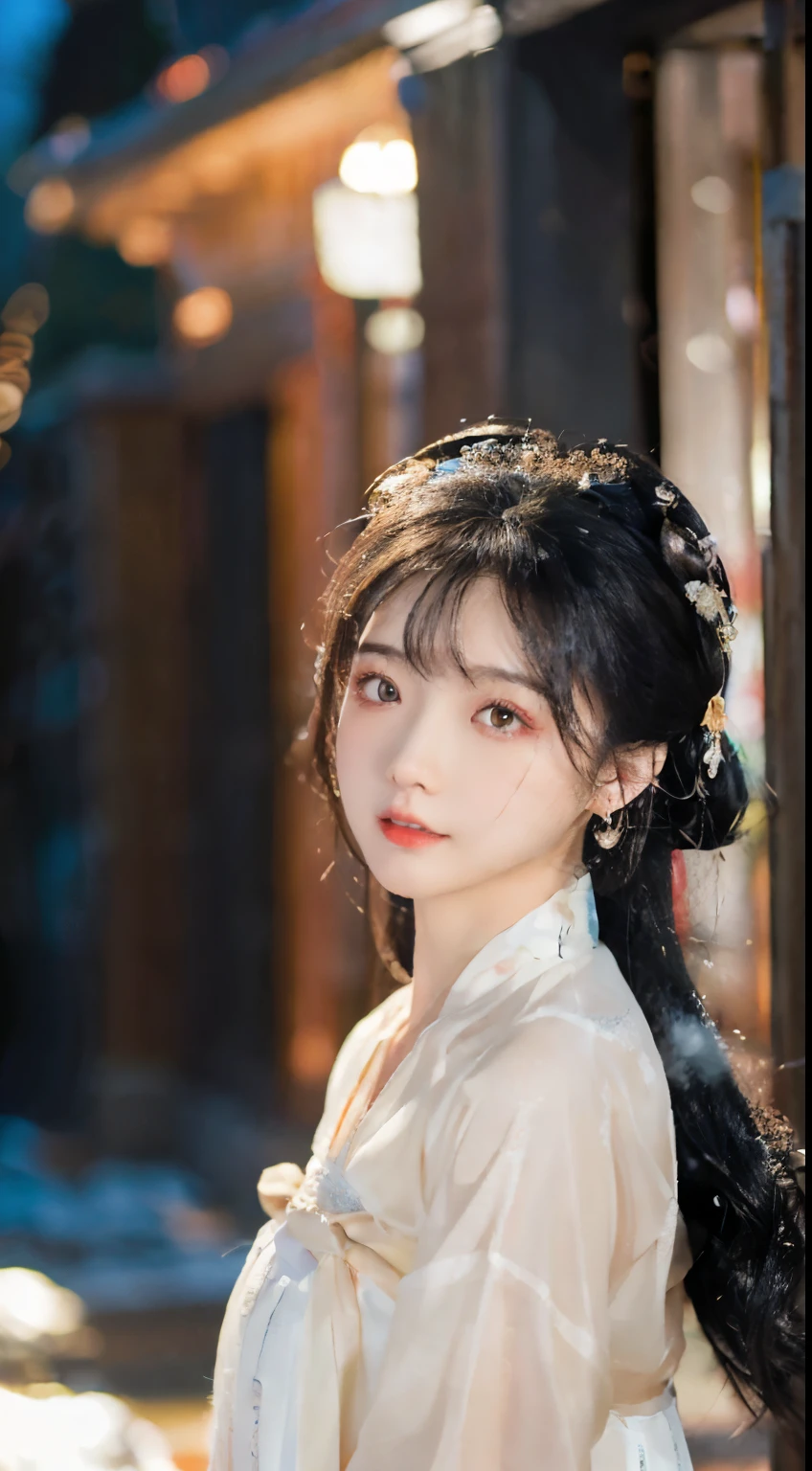 、(top quality,masterpiece:1.3,Ultra-high resolution,),(Super detailed,Caustic lines),(Reality:1.4,RAW Shooting,)Ultra-realistic capture,Very detailed,HD 16K,Suitable for human skin、 Natural skin texture、、Skin looks healthy and even-toned、 Use natural light and color,A woman,Kawaii,black hair,Medium Length Hair,(Depth of Field、Chromatic Aberration、、Wide lighting range、Natural shadows、)、(Nighttime outdoor lighting:1.4)、(Snow Scene:1.2)、(Hair blowing in the wind:1.1)(photoPractical, best quality, Ultra-high resolution, Extremely detailed eyes and face:1.3),(1 Girl, Solitary:1.3),On a wooden boat,Black Hair,Practical,long hair,Jewelry,Upper Body,White see-through Hanfu,Vague,earrings,Lips,Chinese clothes,Hair accessories,black eyes,Vague background,looking off to the side,Shut up,