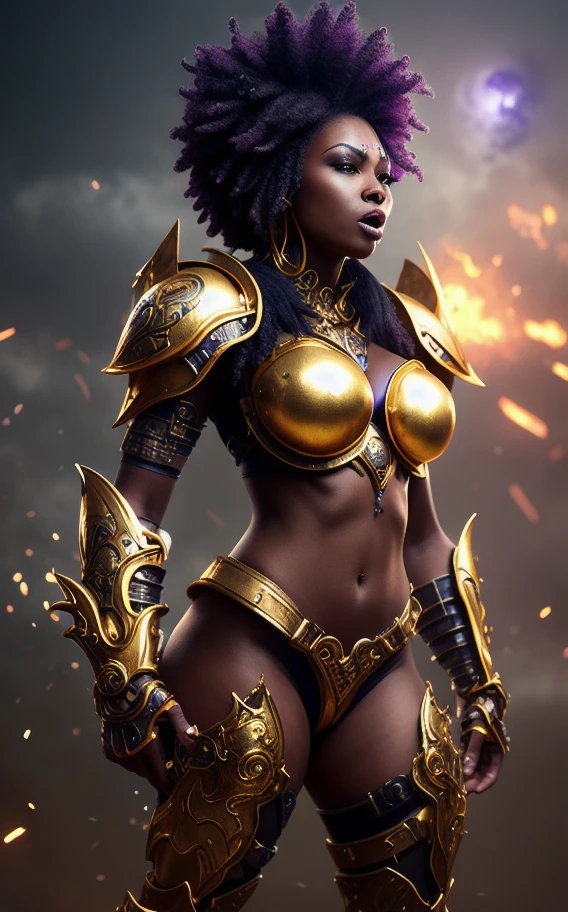 Slim curvy dark ebony skin warrior princess wearing gold armor with a tattoo arm sleeve on both arms with purple Afro in a victory stance screaming daylight on battle field downward camera angle of full body exposing cleavage of bosom hyperrealistic 4k futuristic detailed