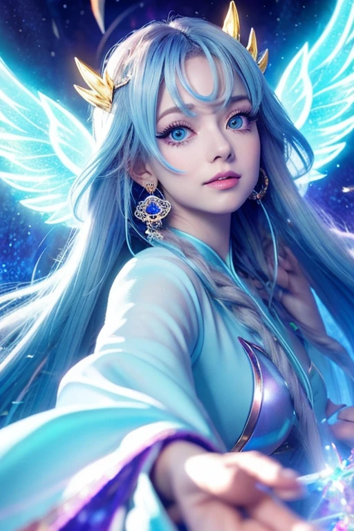((highest quality)), ((masterpiece)), (detailed), Perfect Face,kind,Healing,Alluring,fortune teller,Fantastic,vivid,Long Hair,front,Gal,Flashy hair,Wizard,Anime style robe,Blue Eyes,Eyelashes,crystal,(light blue),Angel Wings,Large earrings,crystal,crystalのティアラ