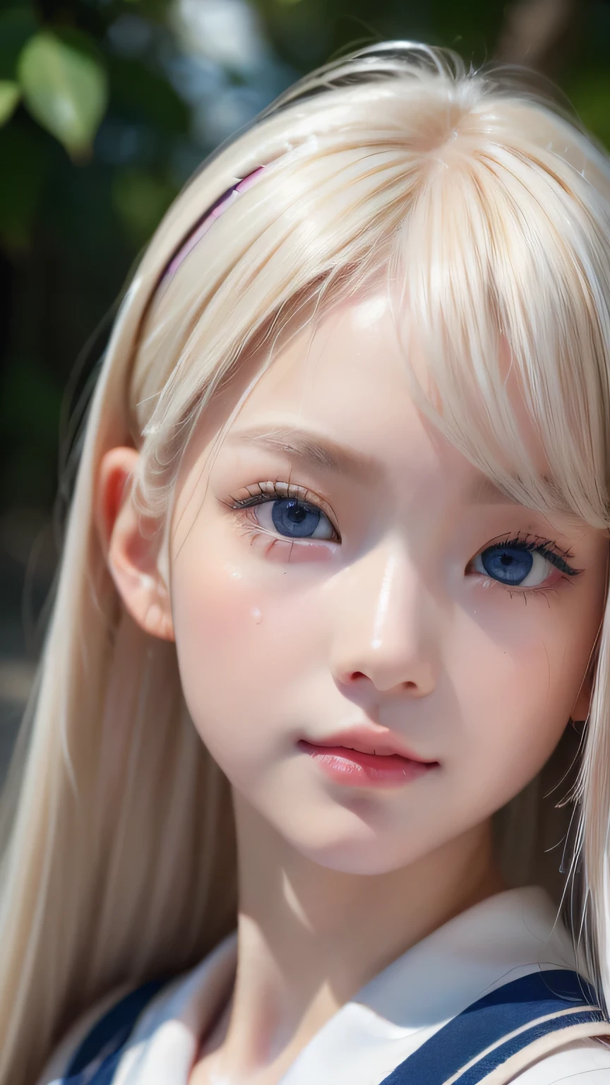 RAW Photos、((((Extremely beautiful portrait)))、(((Bright and fair skin))、1 girl、、Sailor suit、A 15-year-old pretty, bright, natural platinum blonde beauty.、((Gorgeous, natural, bright white platinum blonde))、Super long straight hair、Beautiful Bangs、[Attractive large bright blue eyes]、Smooth, thin and super long hair、Eyeliner、Hair between the eyes、smile、((masterpiece、最high quality、Ultra Detail、Film Light、Intricate details、High resolution、8k、Very detailed))、Detailed Background、8k UHD、Digital SLR、Soft Light、high quality、Film Grain、Fujifilm XT3、Shallow depth of field、Natural light、(Perfect hands)、Perfect beautiful face、Small Face Beauty、round face、Cheek gloss highlighter
