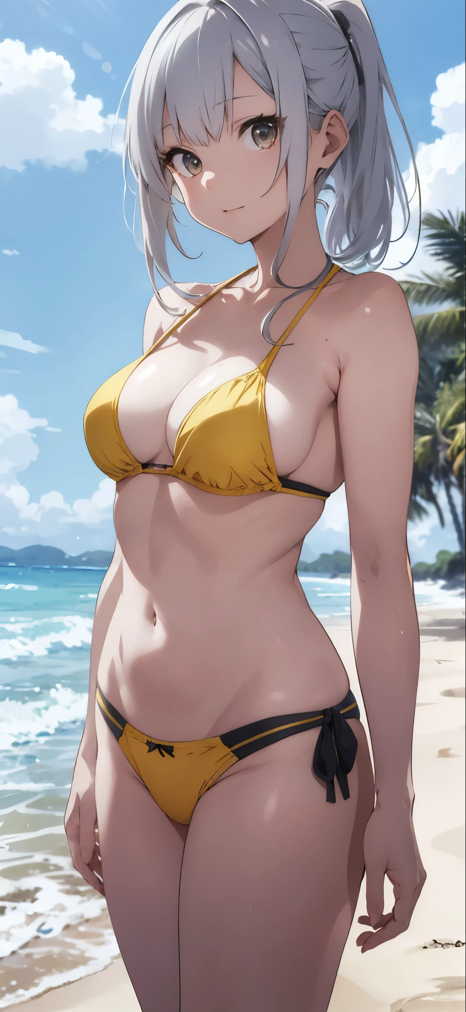 Silver-haired girl drawn in high resolution Japanese anime style、Women in yellow bikinis taking photos on a deserted beach, Bikini Model, , A young and cute gravure idol, Posing together in bras, Russian and Japanese mix, sakimichan, Asian woman, Wear a swimsuit, that'that'that'that'that'that'that'It's hot with the shining sun, Japanese Model, Cute Core, sakimichan hdri, Young Gravure Idol, Chubby