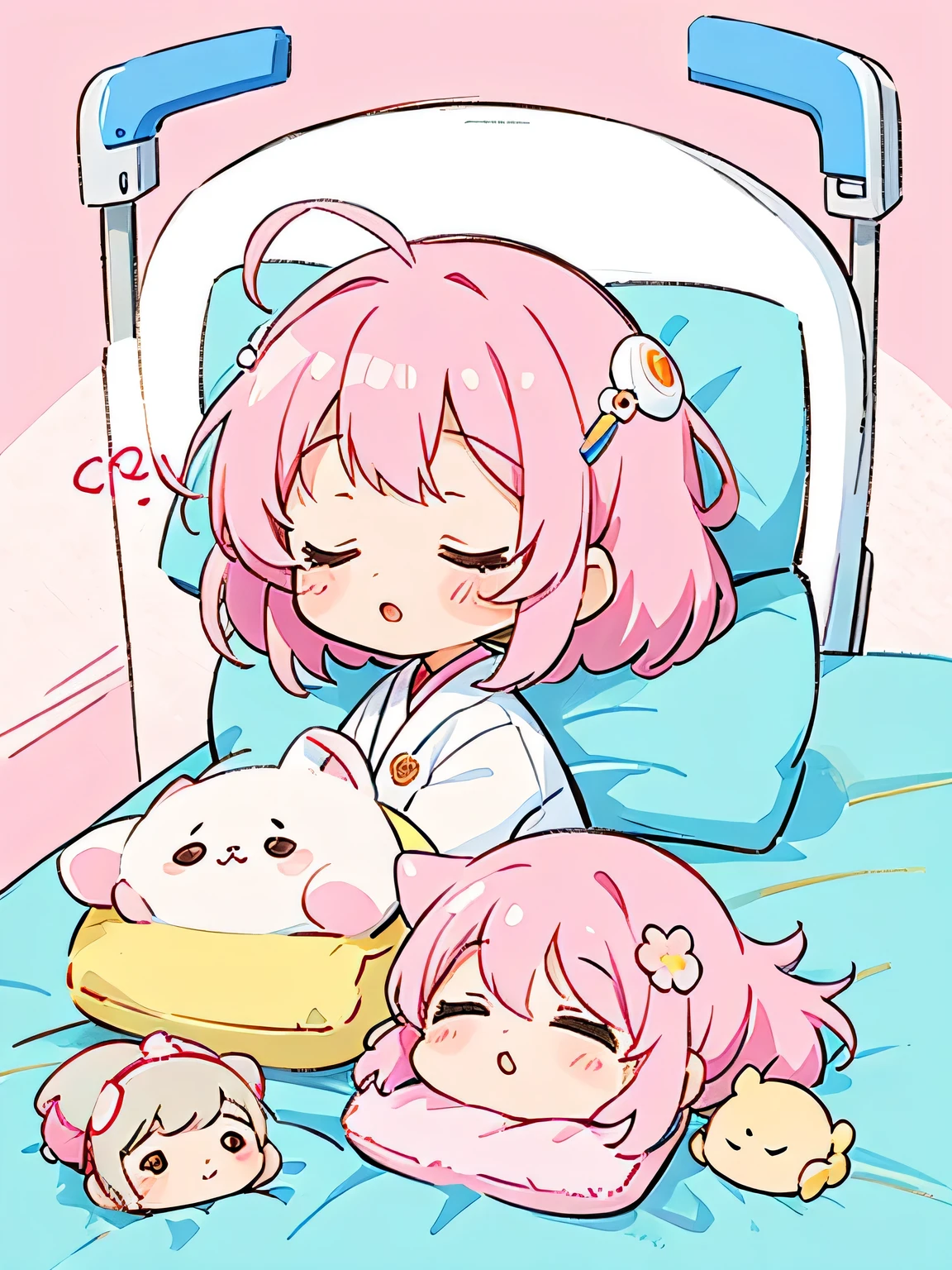 Momoko Sakura style, Kawaii Design, The most beautiful girl of all time、Chibi, Lovely Aliens、Taking a nap、hospital bed