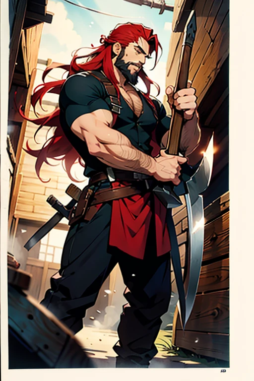 Anime guy with long red hair and beard carrying a axe, manga page with panels and dialogue 