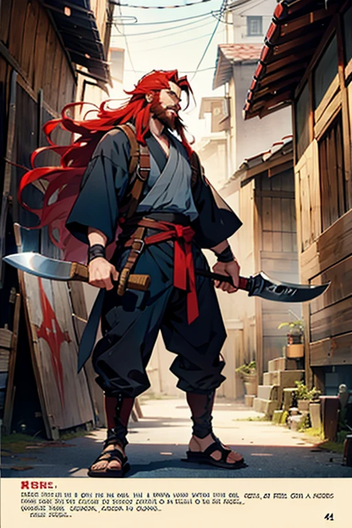 Anime guy with long red hair and beard carrying a axe, manga page with panels and dialogue