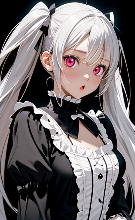 (Photorealistic:1.4)、asuna,(masterpiece、lens flare:1.5、spot light:1.2、Exquisite beautiful eyeonochrome:1.5,portlate、)(),()
、Cute Face、 3D Face、(pearl white hair:1.5、Straight Hair)、(twintails),(1 Girl)、(Red eyes:1.2)、(upper body)、(determined:1.6),()、 (Cute face:1.2),(small breasts),(),kind face,(white lace frilled gothic lolita),(black background:1.5)、(glowing eyes:1.3)、()、 Neat and clean、Adorable、Slim Body(Tareme:1.5),Shiny Hair、(Glowing pink Skin)、Nijisketch,Manga,zydG