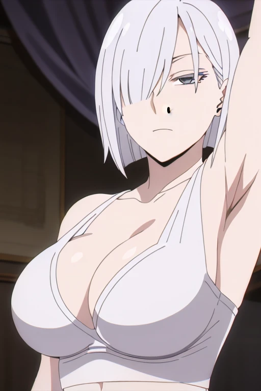 (Best Quality, masterpiece, High resolution, anime screen cap, anime colours), 1 Girl, Short Hair, White hair, Fiona Frost, Seductive Smile, Very Large breasts, cleavage, (Thin fabric, White tanktop:1.8, no-bra:1.5), Upper body, Bedrooms, (Perfect Anatomy, perfect detailed body, Eyes and hair in beautiful detail, Beautiful breasts and skin), armpits, armpits visible,