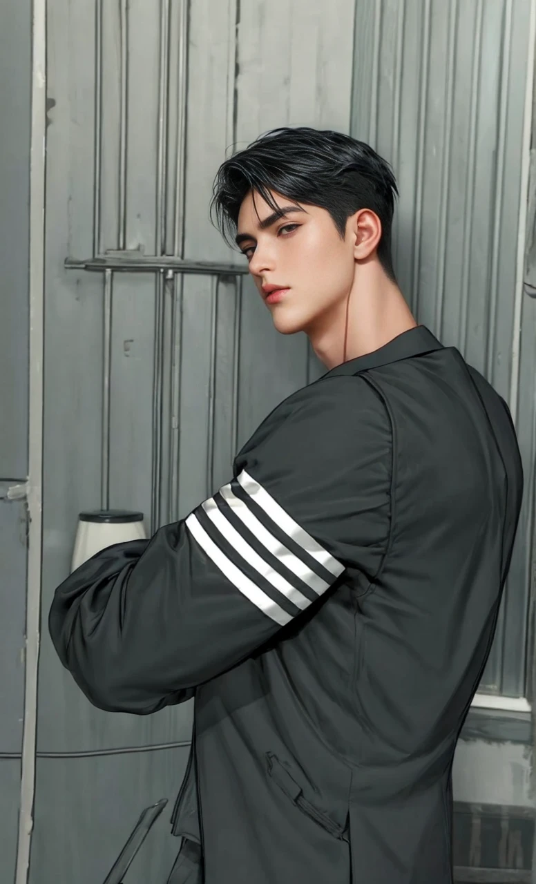 masterpiece, 1boy, young, handsome, black hair, undercut hair, perfect face, detailed eyes and face,black eyes, blazer, clean shaved, muscular, capturing a rural atmosphere, dynamic lighting, unreal engine 5