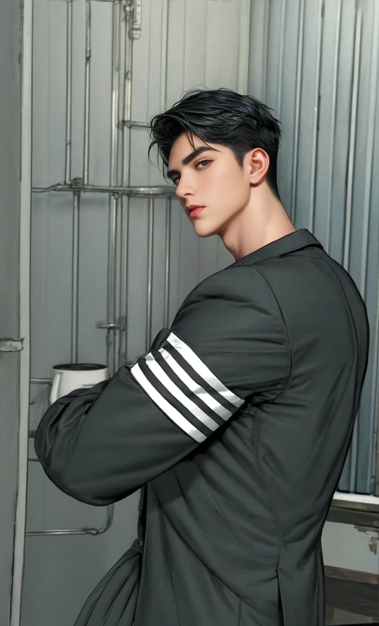 masterpiece, 1boy, young, handsome, black hair, undercut hair, perfect face, detailed eyes and face,black eyes, blazer, clean shaved, muscular, capturing a rural atmosphere, dynamic lighting, unreal engine 5