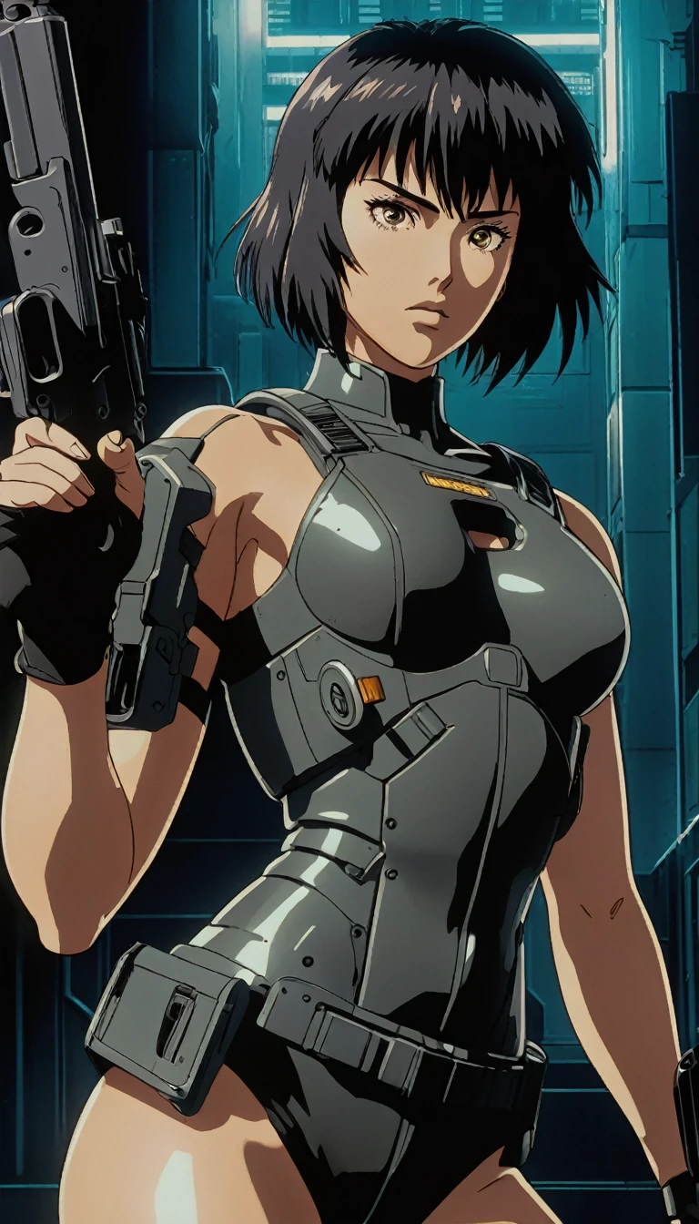 90s anime style cyberpunk portrait of Motoko Kusanagi, dynamic action pose holding gun, detailed cybernetic body, dark toned colors, chiaroscuro lighting, photorealistic, intricate mechanical details, highly detailed face and eyes, dramatic shadows, 8k, cinematic composition