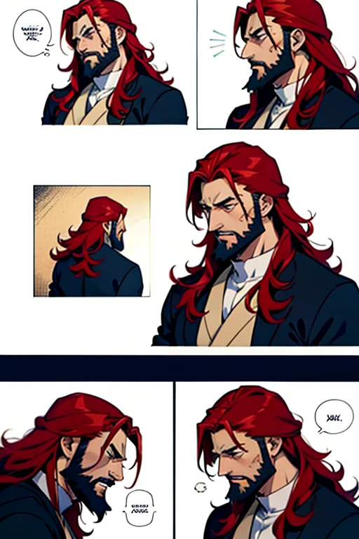 Anime guy with long red hair and beard crying, manga page with panels and dialogue