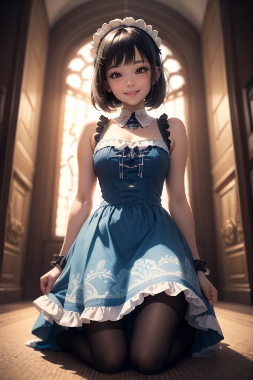 very cute and beautiful girl,(highly detailed beautiful face),(smile:1.28),happy,blush,embarrassed,black hair,looking at viewer, (floral pattern blue ta dress with detailed frills),detailed lace, kneeling,arms behind back,altar,church,indoors, (best quality,masterpiece),absurdres,highres,ultra-detailed,extremely detailed,32k,8k resolution, intricate details,cinematic scene,detailed background,solo,dynamic angle,
