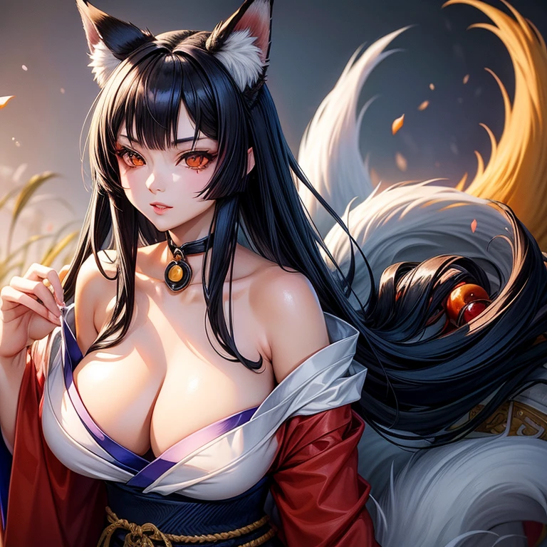 Fox Girl, adorned with a Nine-Tailed Fox's Tail, is depicted in a captivating artwork. The artist, Kaneko Kiyoshi, brings a dominant representation of the fox spirit with his Avatar. The Fox Girl's black hair is styled to resemble the Fox Ears, with a dash of Fox Makeup accentuating her features. She wears a Kimono, its chest open to emphasize her nice body. The kimono is strategically designed to show bare skin, creating a lewd and seductive face. The artist has deliberately chosen to open the chest area, offering a bold and naughty face that draws the viewer's gaze.