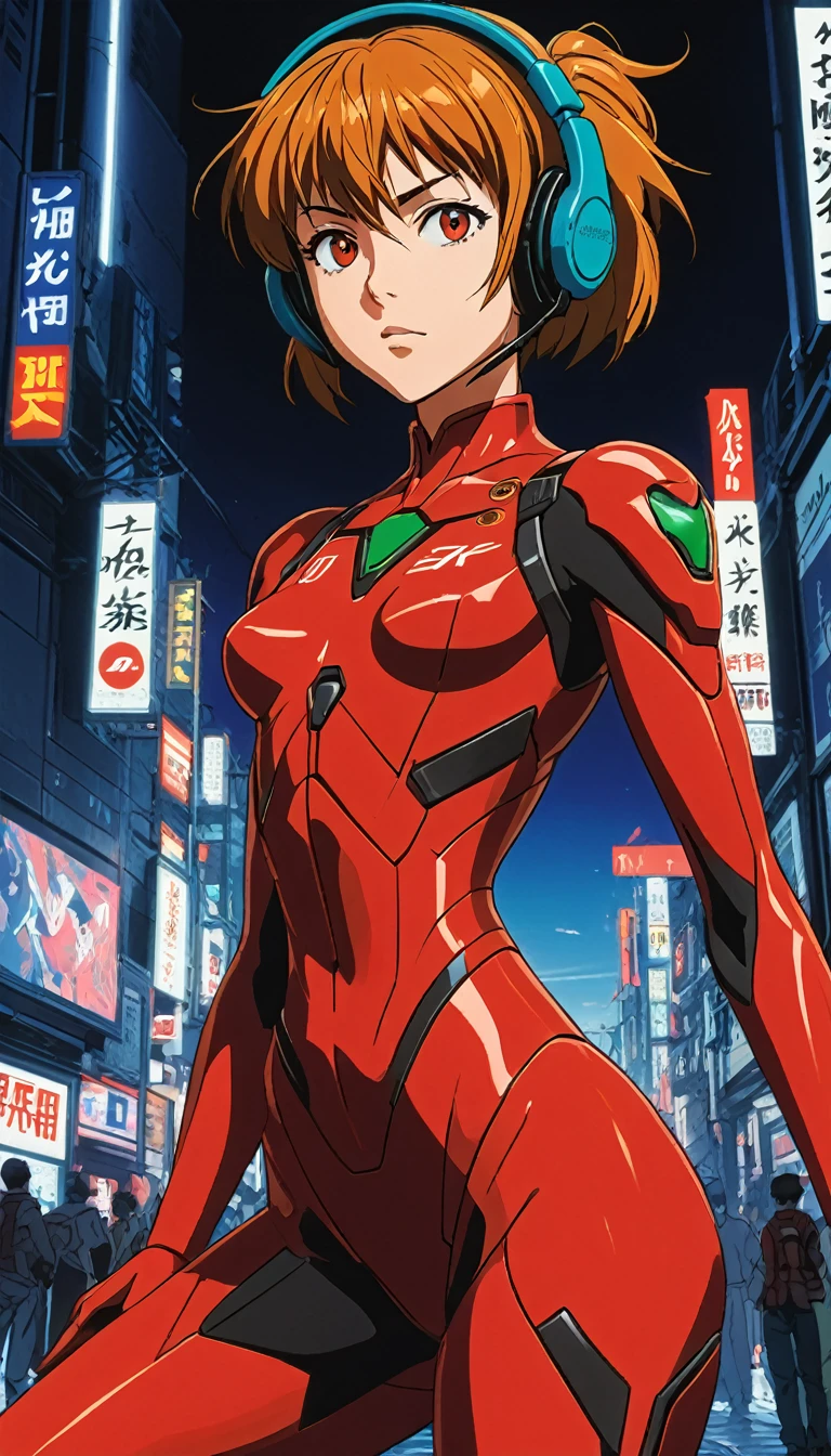 high quality, 4k, extremely detailed, 1girl, neon genesis evangelion, plugsuit, red bodysuit, interface headset, 90s cartoon, movie poster, dynamic pose, dramatic lighting, vibrant colors, cinematic composition