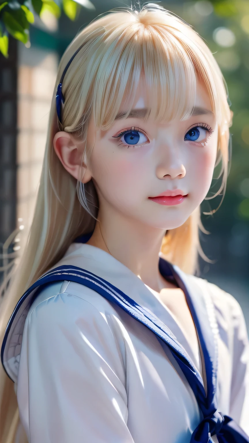 RAW Photos、((((Extremely beautiful portrait)))、(((Bright and fair skin))、1 girl、、Sailor suit、A 15-year-old pretty, bright, natural platinum blonde beauty.、((Gorgeous, natural, bright white platinum blonde))、Super long straight hair、Beautiful Bangs、[Attractive large bright blue eyes]、Smooth, thin and super long hair、Eyeliner、Hair between the eyes、smile、((masterpiece、最high quality、Ultra Detail、Film Light、Intricate details、High resolution、8k、Very detailed))、Detailed Background、8k UHD、Digital SLR、Soft Light、high quality、Film Grain、Fujifilm XT3、Shallow depth of field、Natural light、(Perfect hands)、Perfect beautiful face、Small Face Beauty、round face、Cheek gloss highlighter