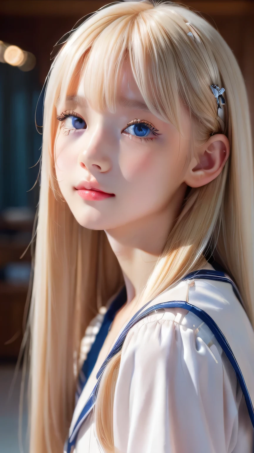 RAW Photos、((((Extremely beautiful portrait)))、(((Bright and fair skin))、1 girl、、Sailor suit、A 15-year-old pretty, bright, natural platinum blonde beauty.、((Gorgeous, natural, bright white platinum blonde))、Super long straight hair、Beautiful Bangs、[Attractive large bright blue eyes]、Smooth, thin and super long hair、Eyeliner、Hair between the eyes、smile、((masterpiece、最high quality、Ultra Detail、Film Light、Intricate details、High resolution、8k、Very detailed))、Detailed Background、8k UHD、Digital SLR、Soft Light、high quality、Film Grain、Fujifilm XT3、Shallow depth of field、Natural light、(Perfect hands)、Perfect beautiful face、Small Face Beauty、round face、Cheek gloss highlighter