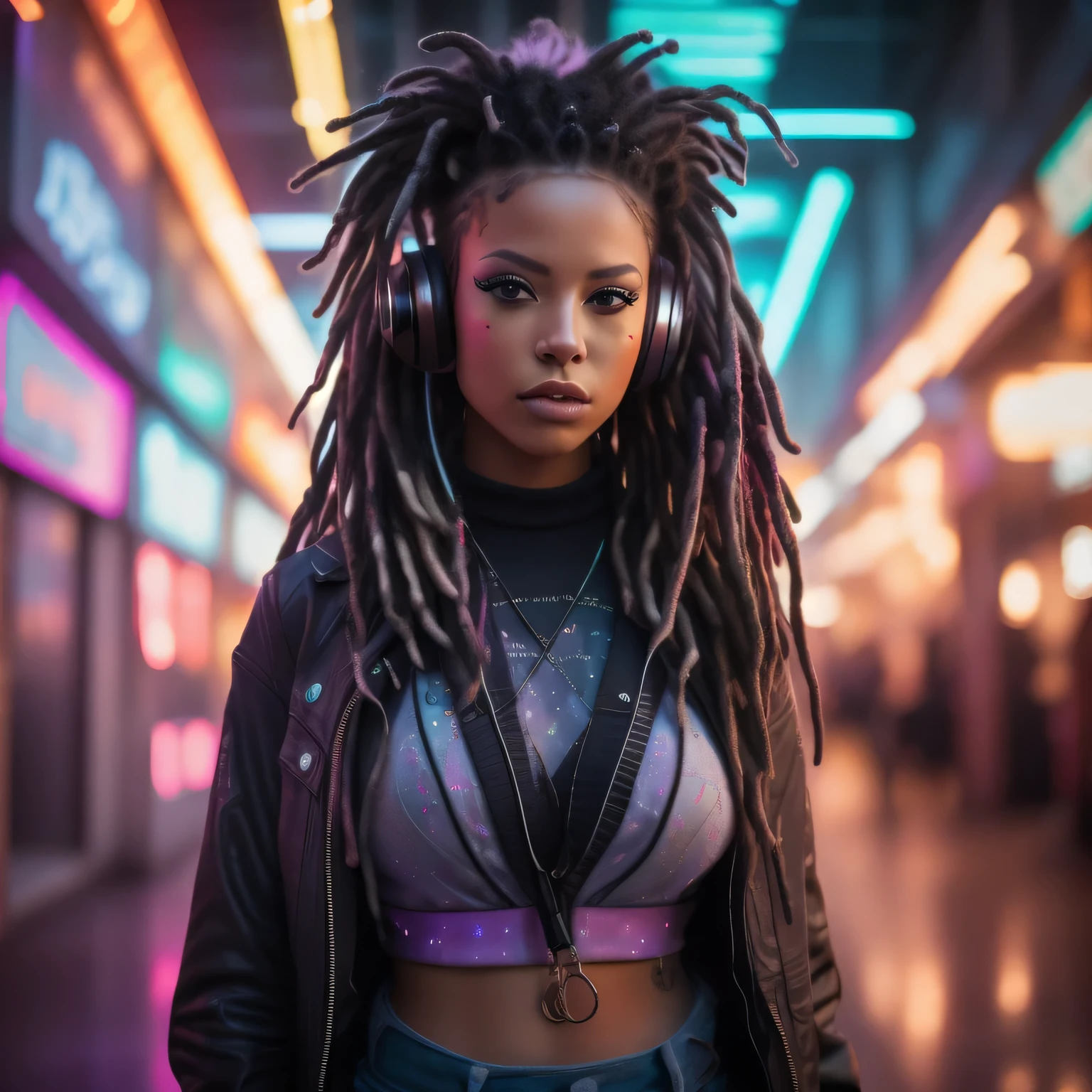 A photo of a female with vibrant purple dreadlocks, dj headphone, big boobs, dressed in a futuristic t-shirt neckline and ripped jeans. The dynamic lights and energy of the arcade floor enhance the overall composition. Epic character composition, sharp focus, and natural lighting. The subsurface scattering effect adds a touch of an ethereal glow, while the f2 aperture and 35mm lens create a perfect balance of depth and detail. 7cy6er7p0nk9